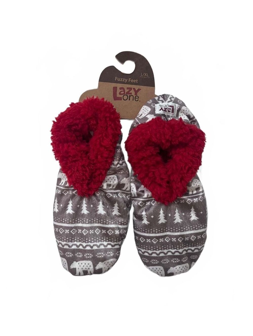 Lazy One Fuzzy Feet Slippers Bear Fair Isle Cabin Cozy Red Gray L/XL Shoe 7-9